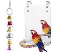 PONDON Jouet miroir pour perroquet avec perchoir en corde, idéal pour les oiseaux comme les conures et les canaris ; dispose d'une cloche à vent pour plus de plaisir