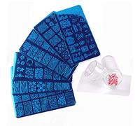 Pongnas Ensemble de 8 Plaques D'estampage pour Ongles, Clous en Acier Inoxydable avec Grattoir Transparent et 4 Vernis D'estampage, pour Manucure de Conception de Nail Art à Faire (02)