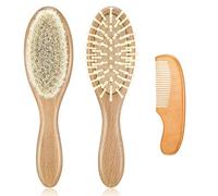 Pongnas Ensemble de Peignes de Brosse à Cheveux de bébé, Brosse de Massage du Cuir Chevelu en Laine avec Manche en Bois pour Stimuler, avec Peigne Doux pour les Nouveau-nés et les