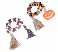 Pongnas Perles en Bois d'halloween, Décoration Classique à Faire Soi-même avec Chapeau de Sorcière Noir, étiquette de Chauve-Souris, Pompons en Lin, pour Mur d'arbre, Fenêtre, Che