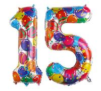 Ponmoo 40 Pouces Foil Ballons Chiffre 15/51 Multicolore (101cm), Gonflable Hélium ou Air, Géant Numéro 0-9, 10-29, 30-100, Grand Ballon pour Mariage, Décoration de Fête d'anniversaire