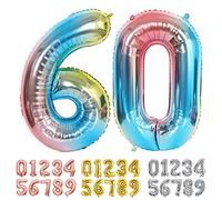 Ponmoo Foil Ballons Chiffre 60 Dégradé Bleu, Grands Numéro 0 1 2 3 4 5 7 8 10-19 20-29 30-39 40 50 60 70 80 90 100, Décoration de Ballon Géants pour Mariages Party et Anniversaires Fête