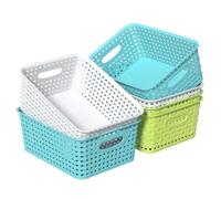 Ponpong Plastique Tissé Paniers de Rangement Organiseur Rectangulaire, Lot de 6 (Bleu, Vert, Blanc)