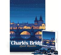 Pont Charles,République tchèque la Nuit Puzzle 1000 pièces pour Adultes Stimulation mentale Loisirs et Pleine Conscience Assemblage précis Idée Cadeau de Noël (38x26cm)