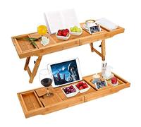 Pont de Baignoire Extensible Bambou,Plateau de Rangement Baignoire Expérience de Spa,2 en 1 Plateau en Bambou Naturel de Baignoire/Lit,avec Support pour Verre à Vin,Livre et Tablette