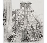 Pont de Brooklyn en construction. Brooklyn Bridge a été construit entre 1870 et 1883. Après une illustration dans la cyclopédie de la mécanique appliquée d'Appletons publiée en 1880. Affiche imprimée