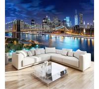 Pont De Brooklyn Papier Peint Intissé Vue De Nuit De La Ville De New York 3D Écologique Fresque Murale Contemporaine, Pour Salon Chambre Bureau Décoration Intérieure 300 X 210 Cm