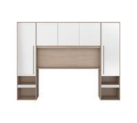 Pont de lit avec rangements - Avec LEDs - L265 cm - Coloris : Blanc brillant et naturel - VELONA