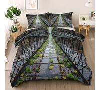 Pont de Pierre Housse de Couette 160x200 avec 2 Taies d'oreiller 65x65 cm - Plante Vert Parure de lit 160x200 - Microfibre Parure Couette avec Fermetures éclair, Gris