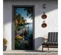 Pont en bois Autocollants de Porte Plage Côtièr Sticker Porte 90x200 cm, Palmier Vue sur la Mer Poster Porte Trompe L'oeil Auto-AdhéSif Imperméabl Chambre Cuisine Bain Salle