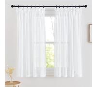 PONY DANCE Rideau Voilage - Rideau Court Décoration de Fenêtre Voilages Panneaux Blanc Voile en Lin Effet Galon Fronceur Elegant Vintage pour Cuisine Bureau, 140 cm L x 145 H, Lot de 2