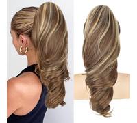 Ponytail Cheveux Naturel Cordon Queue de Cheval avec Pince 45,7 cm | Blond braun Rajout Postiche Extensions de Cheveux Ondulées Synthétiques Postiche Bouclés Ponytail Extension pour Femmes
