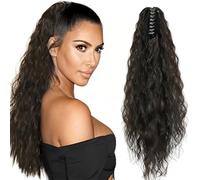 Ponytail Cheveux Naturel Pince Ponytails Extension Longue Bouclée Ondulée Postiche Queue de Cheval Extension Naturel Brun Foncé Synthétique Rajout Cheveux pour Femmes 50 cm