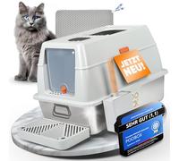 POOBOX Bac à litière pour chat en acier inoxydable avec couvercle - En métal fermé - 60 x 40 cm - Avec poignées - Set : pelle, tapis et marchepied - Entrée supérieure - Gris