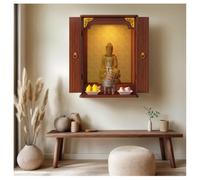 Pooja Stand en bois avec porte, étagère murale statue avec lumière LED, armoire dieu moderne pour la maison et le bureau