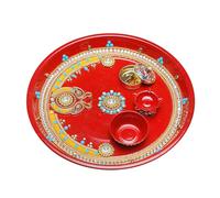 Pooja Thali Plate Platter Engagement Plate Decorative Stainless Steel Puja Thali with Essential Pooja Articles for Indian Traditional Festival Navratri Decoration (Size-10)(Red)