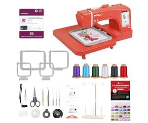 PooLin EOC06 Machine à Broder - Rouge - Écran Tactile - Brodeuse Numérique - Lettres et Motifs - Embroidery Machine - Personnaliser des T shirts, polos, vestes, chemises, sacs à main et plus