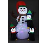 PoolyPoly Bonhomme de neige gonflable de 180 cm avec trois pingouins, lumière LED rotative intégrée, décoration extérieure/intérieure pour fête de Noël, cour, terrasse, jardin, piquets inclus pour