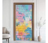 Pop Art Effet 3D Sticker Porte, Texture Mur de Briques Papier Autocollant Porte Mural Décoration, Street Art Bande Dessinée Stickers Muraux Amovible PVC 95x215 cm