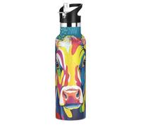 Pop Art Vache Bouteille d'eau anti-fuite et sans BPA réutilisable avec pailles anti-fuite et isolation sous vide à double paroi pour la maison/bureau/voyage/sport/école