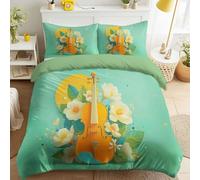 Pop Art Vibrant Musical Housse Couette Moderne Anime Manga Haute Qualité Parure de Lit Violon Orange Fleurs Florales Parure de Lit Facile à Repasser Enfant Cyan 140 x 190