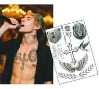 Pop Icon Tatouages croyables sur la poitrine et le cou - Ensemble d'encre temporaire pour homme | Art corporel | Feuille A4 avec croix, lion, ours, ailes et plus encore | Faux tatouages réalistes pour
