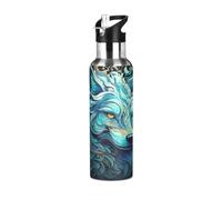 Pop Star Loup Bleu Bouteille d'eau Isotherme avec Paille en Acier Inoxydable Gourde, Sans BPA Gourdes Eau pour Enfant Sport Randonnée École Bureau (600ml/1L)
