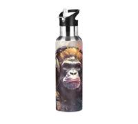 Pop Star Singe Gorille Bouteille d'eau Isotherme avec Paille en Acier Inoxydable Gourde, Sans BPA Gourdes Eau pour Enfant Sport Randonnée École Bureau (600ml/1L)