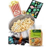 Popcornmaker Feu de camp en acier inoxydable avec maïs à pop-corn | En acier inoxydable - Avec maïs à pop-corn bio, sacs à pop-corn et tatouages lumineux - Popcorn Outdoor Deluxe - Longueur