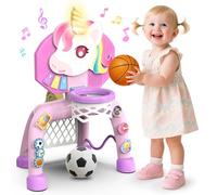 POPERFUN Panier Basket Enfant et But de Football, Jouets Licorne Fille de 1-3 Ans,Mini Panier Basket avec Lumières et Musique, Jouet d'éveil pour Bébé 12-36 Mois, Cadeaux d'anniversaire de Noël