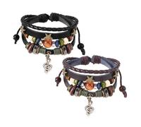 POPETPOP 2 ensembles Bracelets Cuir Superposés Punk pour Femmes Accessoires Légers Alliage avec Perles Noir et Marron Style Vintage et Confortable Cadeau Femme