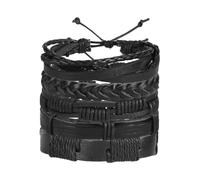 POPETPOP Bracelet en Cuir Rétro Tressé Ajustable pour Homme, 5 Pièces, Conception Créative en Simili Cuir Noir, Manchette pour Accessoire de Poignet au Style Vintage