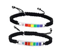 POPETPOP Bracelets d'Amoureux en Acier Titane et Zircon Bracelets Réglables Tissés en Nylon Noir Décorations Arc-en-Ciel Taille Unique 1 Paire pour Couple Bijoux Poignet