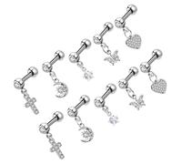 POPETPOP Ensemble 10 Boucles D'oreilles en Acier Inoxydable pour Cartilage, Motifs Croix Lune Étoile Cœur, Hypoallergénique, Petites Puces Légères, Bijoux Piercing Oreille Femmes et