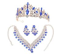 POPETPOP Ensemble Couronne de Bijoux en Cristaux Bleu, Tiare, Collier et Boucles D'oreilles, Set Mariage Femme, Accessoire Soirée Cérémonie, Style Princesse Xl