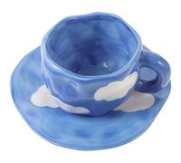 POPETPOP Ensemble Tasse à Café en Céramique Soucoupe Motif Ciel Bleu et Nuages Capacité Standard Résistant à la Chaleur pour Maison et Bureau Tasse à Thé et Eau Décorative