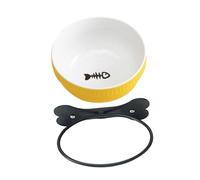 POPETPOP Gamelle Suspendue Multifonction en Céramique pour Chaton, Bol Incliné Jaune Décor Poisson, Support en Fer, Bol Antidérapant et Résistant, Utilisation Cage, pour Petits Chats
