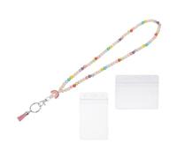 POPETPOP Lanière en Perles de Bois Bohème avec Pompon, Porte-badge Transparent Vertical et Horizontal, Ensemble 3 Pièces avec Mousqueton Argenté, Cordon Porte-clés pour Badge Employé