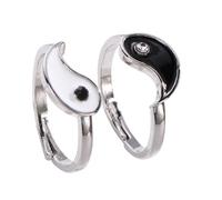POPETPOP Lot de 2 Bagues Ouvertes Ajustables pour Femmes, Style Vintage Taiji Yin Yang, Anneaux de Couple en Alliage Finition Huile Noire et Blanche, Bagues Esthétiques pour Soirées