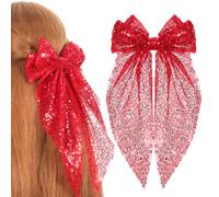 POPETPOP Lot De 2 Pinces à Cheveux à Paillettes Rouge Vif, Grands Nœuds Scintillants, Accessoires Cheveux Pour Femme Et Fille, Coiffure Festive Et Fêtes, Agrafes Légères Et Confortables