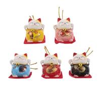 POPETPOP Lot de 5 Ornements Maneki Neko en Céramique Petit Format Décoration Intérieure Artisanale pour Voiture et Boutique Objets Amulette Traditionnels Japonerie Résistant et Compact