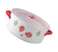 POPETPOP Microwave Safe Soup Bowl With Lid Double Handle Ceramic Strawberry Storage Container For Freshness For Home Office And Outdoor Meals