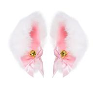 POPETPOP Paire de Pinces à Cheveux Oreilles de Chat avec Clochette, Barrette Cosplay Blanche et Rose en Poils Synthétiques Doux, Accessoire Fête, Halloween et Déguisement, Ornements Légers