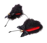 POPETPOP Serrage-tête Oreilles de Chat Peluche Cosplay Taille Unique Noir avec Nœud Rouge et Cloche Dorée Accessoire Fête Halloween Saint-valentin Noël