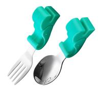 POPETPOP Set Couvert Garçon Fille avec Silicone Doux Ustensiles Inox Courte Poignée Antichoc Fourchette et Cuillère Apprentissage pour Tout-petits Facile à Tenir et Adapté Repas Garçon