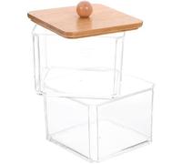 POPETPOP Set de Rangement pour Cotons-tiges et Boules de Coton Couvercle en Bambou, Boîte Double Couche Transparente en PS, Organisateur Pratique pour Salle de Bain et Bureau