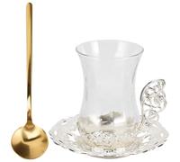 POPETPOP Set de Tasses à Café et Thé en Verre Soufflé Cuillère et Soucoupe, Alliage d'Aluminium, pour Restaurant et Service à Domicile