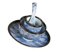POPETPOP Set Vaisselle Céramique avec Bol Assiette Cuillère et Tasse Motifs Ondulés Léger et Résistant Au Lave-vaisselle Service Complet pour Repas et Pique- Design Japonais Vintage