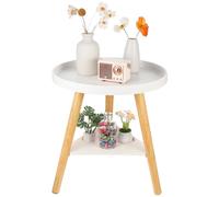 POPETPOP Table D'appoint Ronde Double Plateau 40 Cm Diamètre 44 Cm Hauteur en Bois Blanc Rebord Surélevé Et Rangement Supplémentaire pour Salon Et Petit Espace