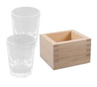 POPETPOP Tasse à Saké en Verre Transparente avec Boîte en Bois de Style Japonerie Ensemble 2 Pièces Coupe à Saké Traditionnelle Verre à Vin de Riz pour Soirées et Dégustations
